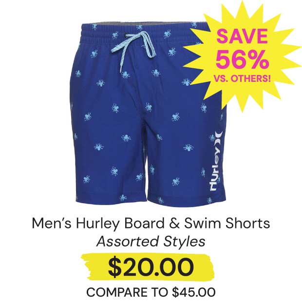 $20 Men's Hurley Board & Swim Shorts Save 56% vs. Others!